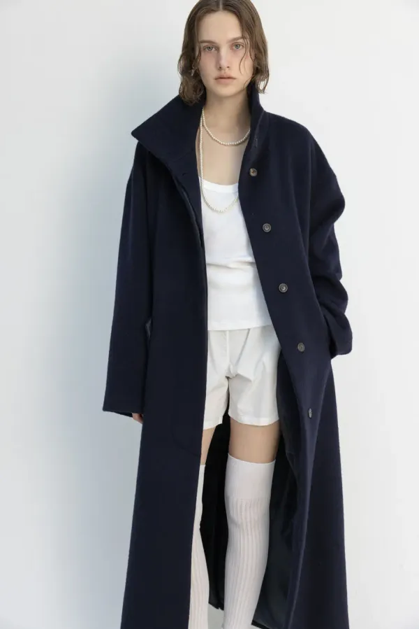High neck long coat (navy / gray / brown)