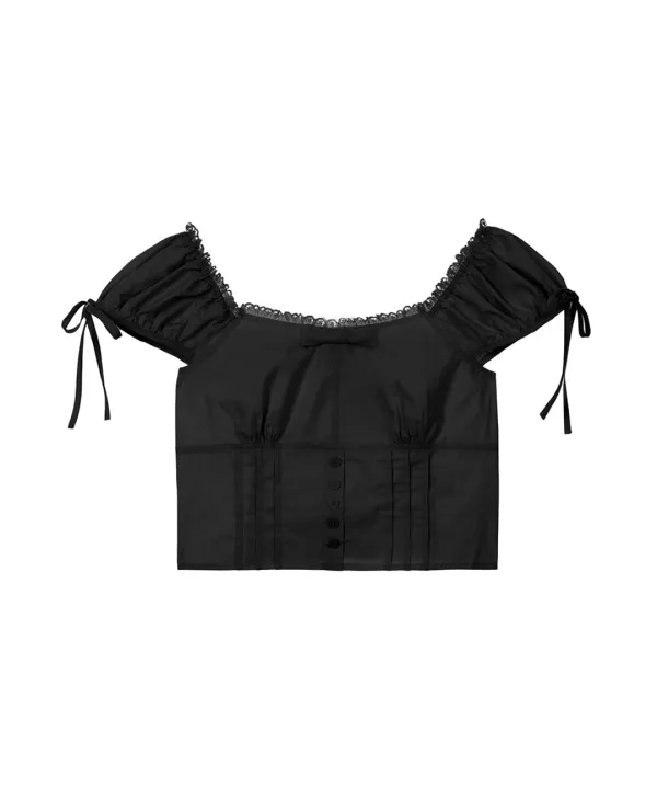Ribbon Pintuck Crop Blouse [Black]