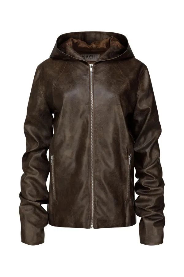 HOODIE LEATHER JACKET (UNISEX) BROWN