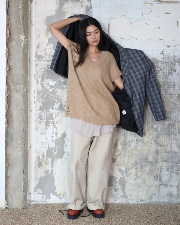 distressed double v-neck wool vest