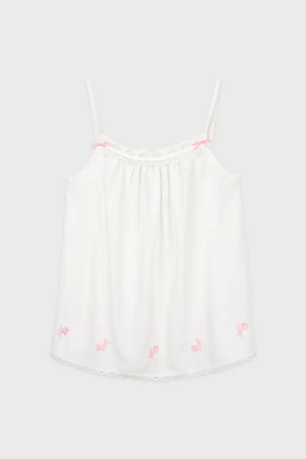 Rose Embroidered Sleeveless Pajama Top (White)