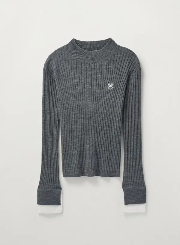 (W) Cuffs Mock Neck Knit - Melange Gray