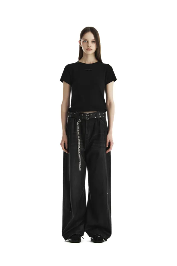 Rivet Slit Coated Denim Pants [ Black ]