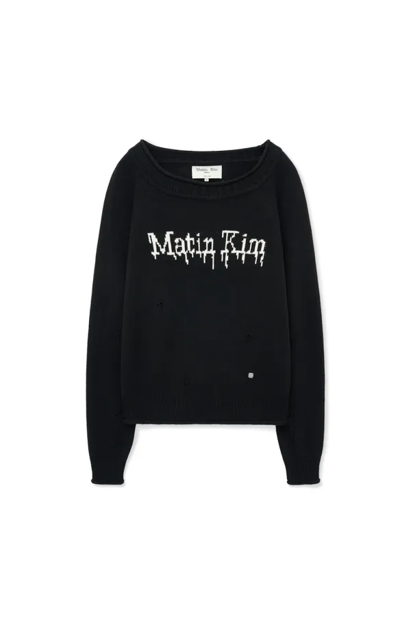 TWO WAY OFF SHOULDER DAMAGE PULLOVER IN BLACK