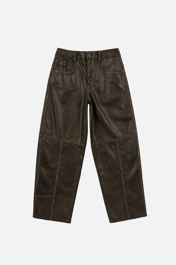 WASHED LEATHER PANEL PANTS - BROWN