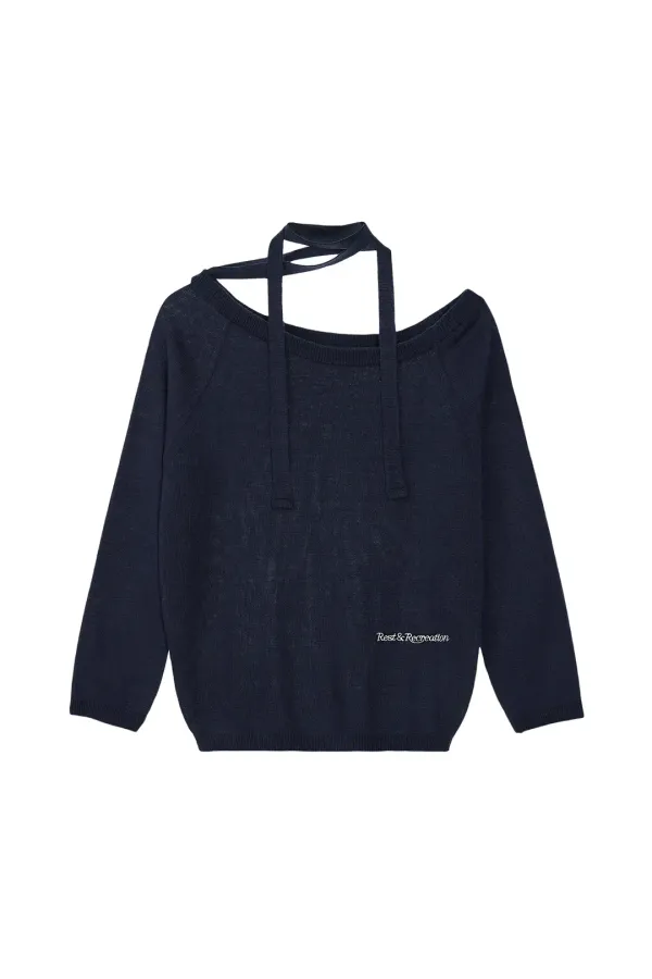 ONE-SHOULDER KNIT TOP - NAVY
