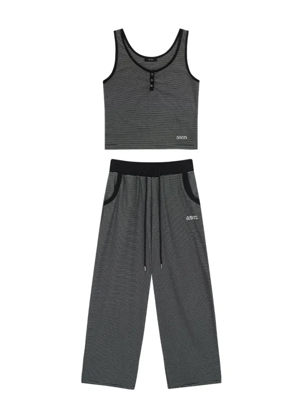 [SET] RIN STRIPE SLEEVELESS & PANTS / BLACK