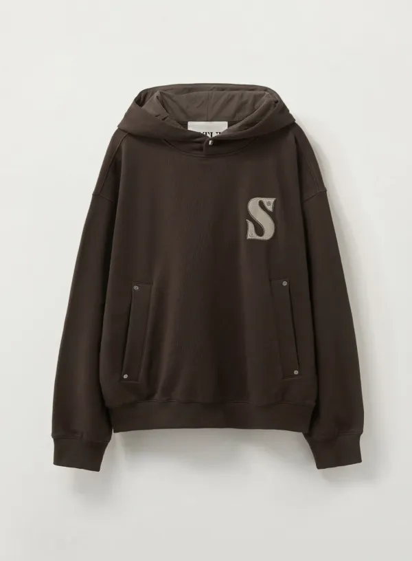 Small Rivet Applique Pocket Logo Hoodie - Brown