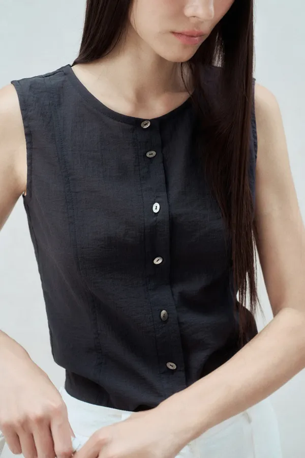 DRAPED SCARF SLEEVELESS BLOUSE CHARCOAL GRAY