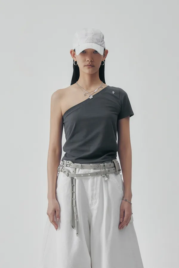 One-Shoulder Sleeve T-shirts [ Charcoal ]