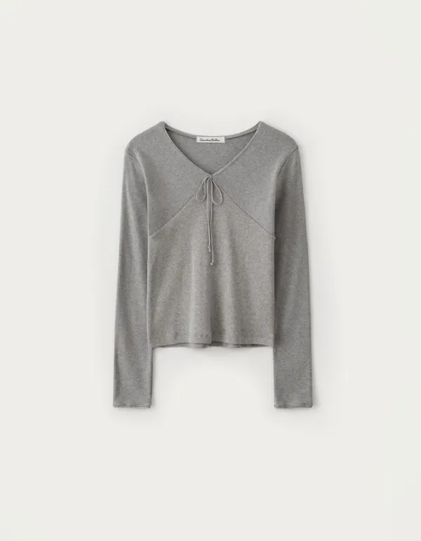 V-Neck Ribbon Top - Grey