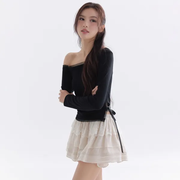 Pure Mesh Satin Ribbon T-Shirt (Black)