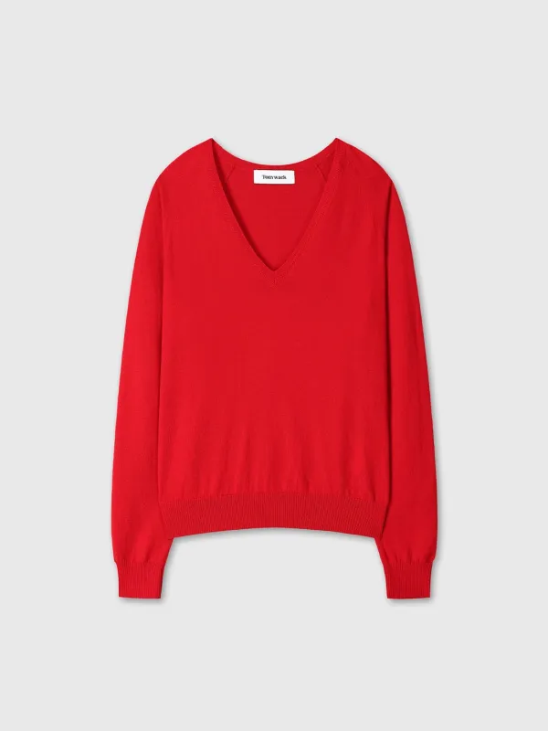 (W) SUPERFINE MERINO WOOL RAGLAN V-NECK SWEATER_ RED