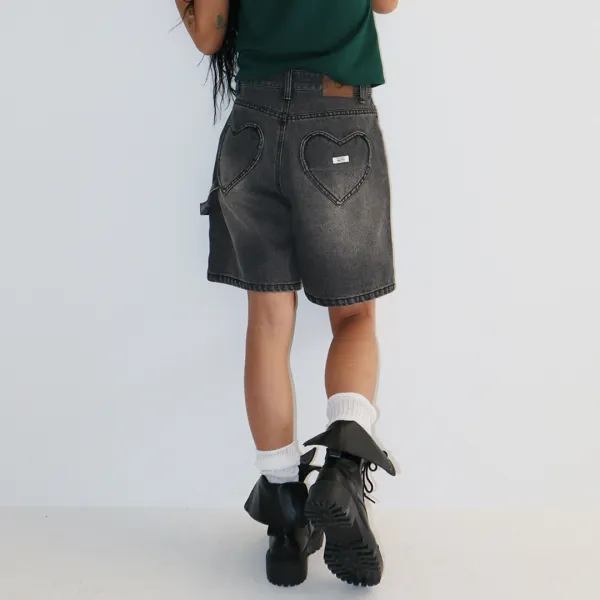 HEART POCKET CARPENTER SHORT DENIM PANTS BLACK