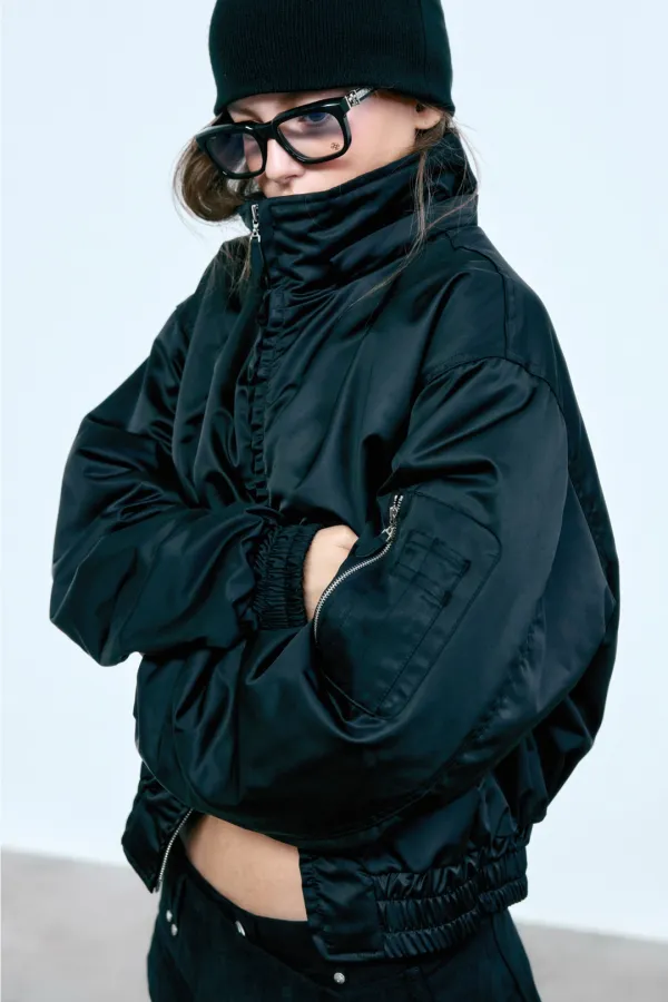 [2nd Order] RETRO SATIN HOODIE BOMBER JUMPER (BLACK)