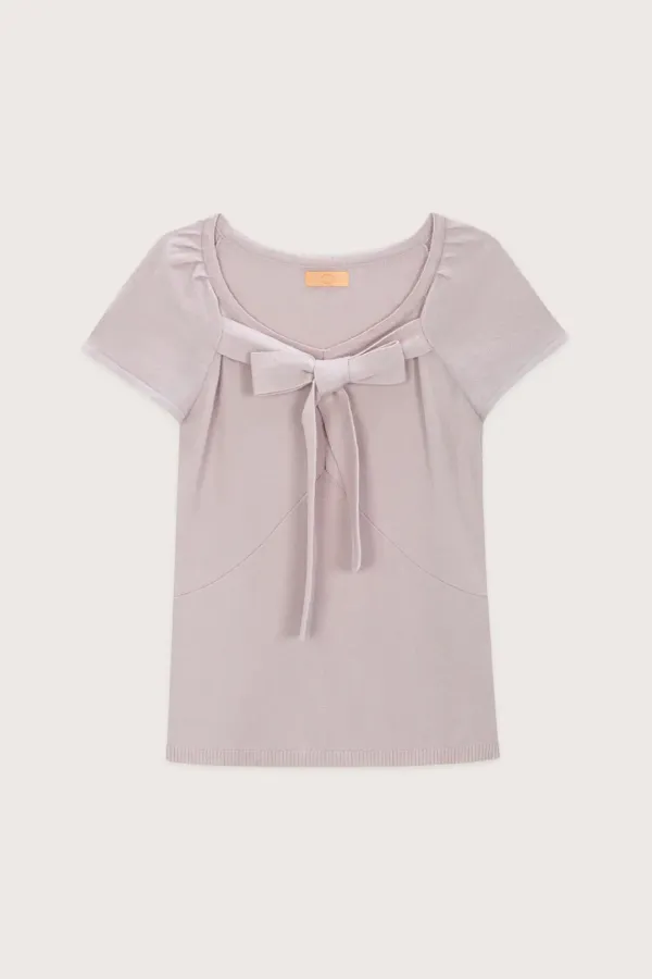 Ribbon Tie Slim Knit Top (Mute Pink)