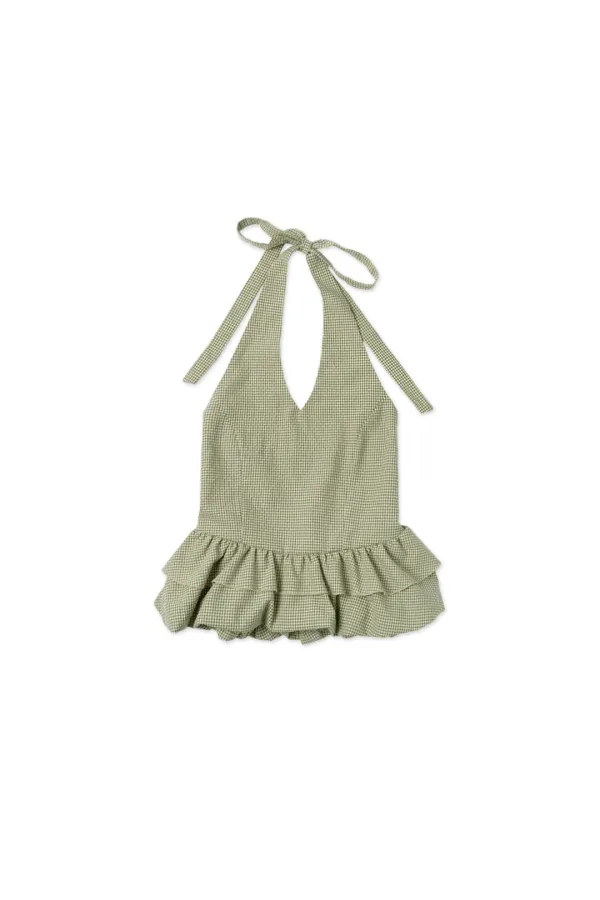 Gingham halter blouse_khaki