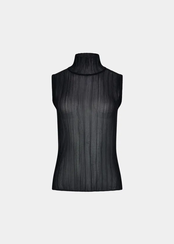 W TRANSPARENT HIGH NECK KNIT TOP - BLACK