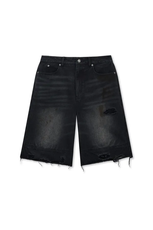 DESTROYED BERMUDA DENIM PANTS FOR MEN IN BLACK