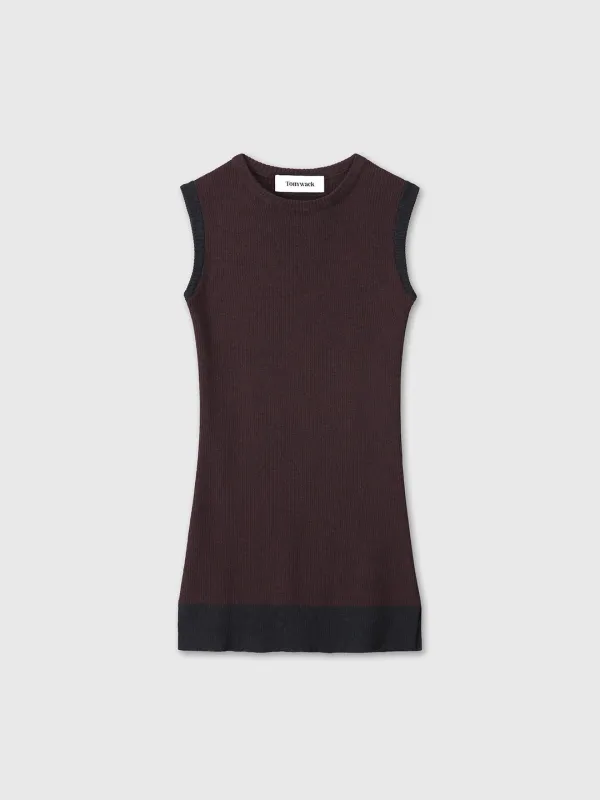 (W) SUPERFINE WOOL RIBBED VEST_ BROWN/BLACK