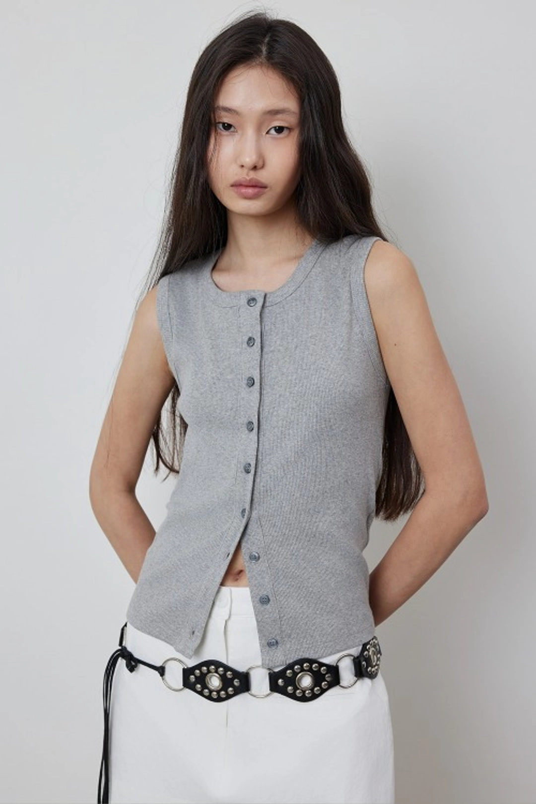 퀸스래빗 Cotton Ribbed Button Open Sleeveless 상품 이미지 2