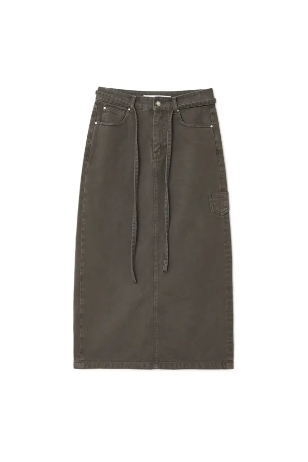 STRING COLOR DENIM MAXI SKIRT, BROWN
