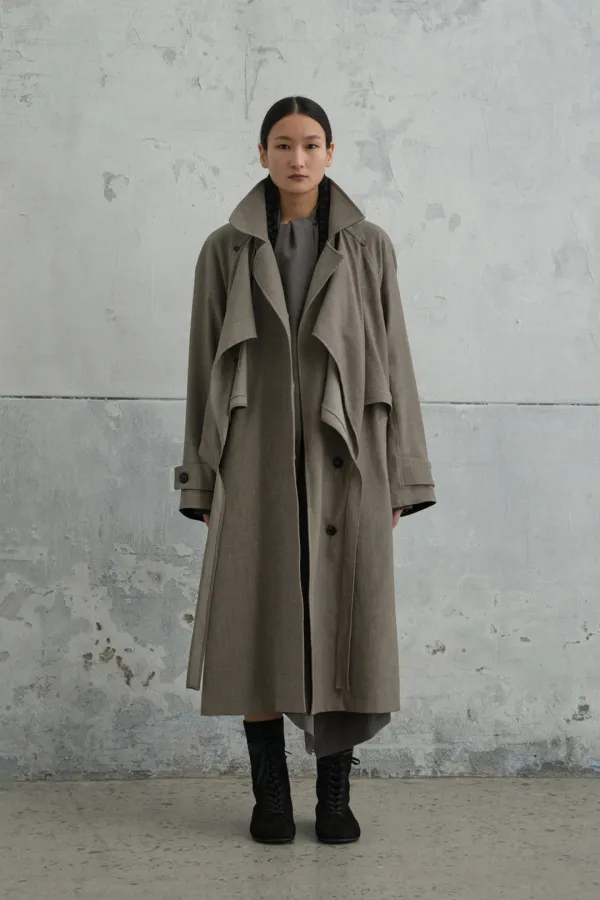 Draped Leather Mix Trench Coat [예약배송 - melange grey]