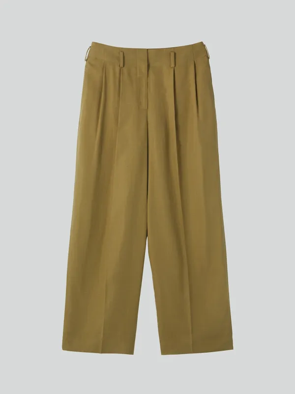 LINEN BLEND PLEATED PANTS (BEIGE KHAKI)