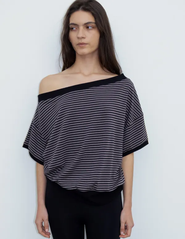 STRIPE ONE-SHOULDER TEE, BLACK