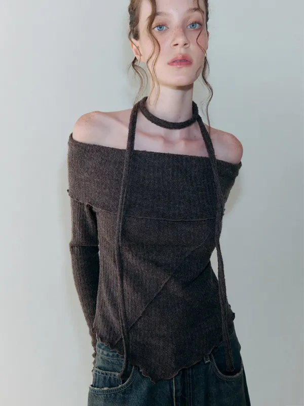 Tie Off Shoulder T-Shirt, Brown