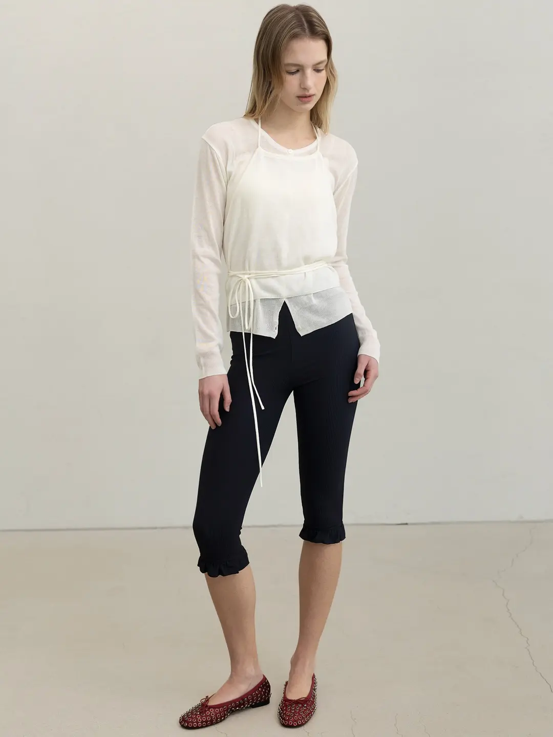 포에브 Frill Capri Leggings Pants - Black 상품 이미지 2