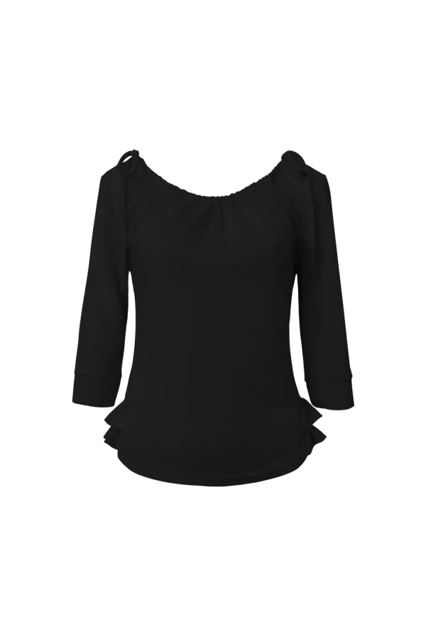 SHIRRED MID-SLEEVE FRILL TOP (BLACK)