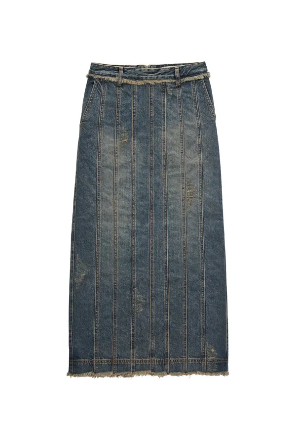 DENIM PANELLED LONG SKIRT (BLUE)