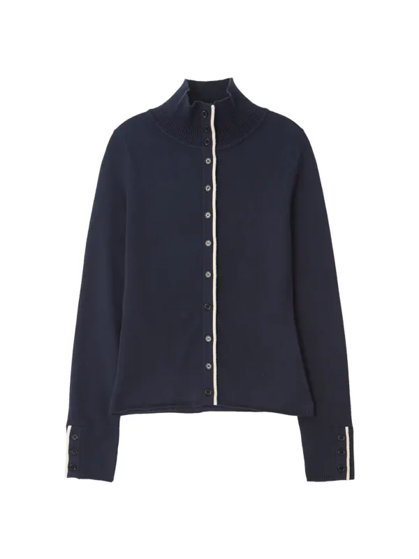 Line Point High Neck Cardigan_ Navy