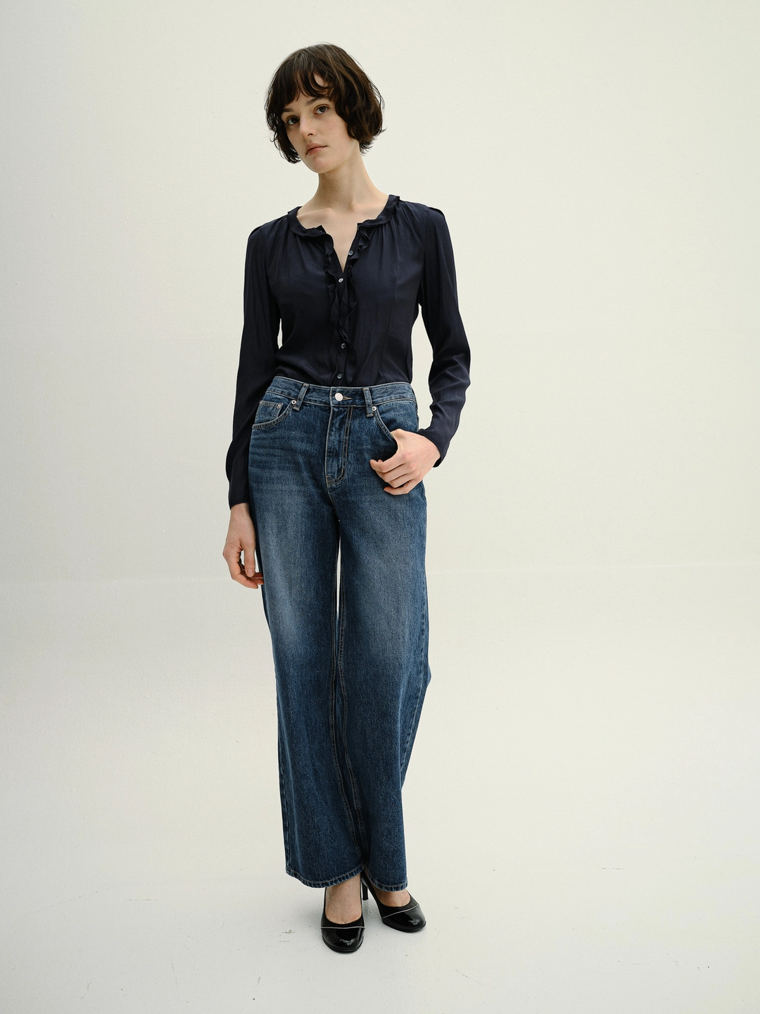 르에 SEZANE VINTAGE RUFFLE BLOUSE / NAVY 상품 이미지 2