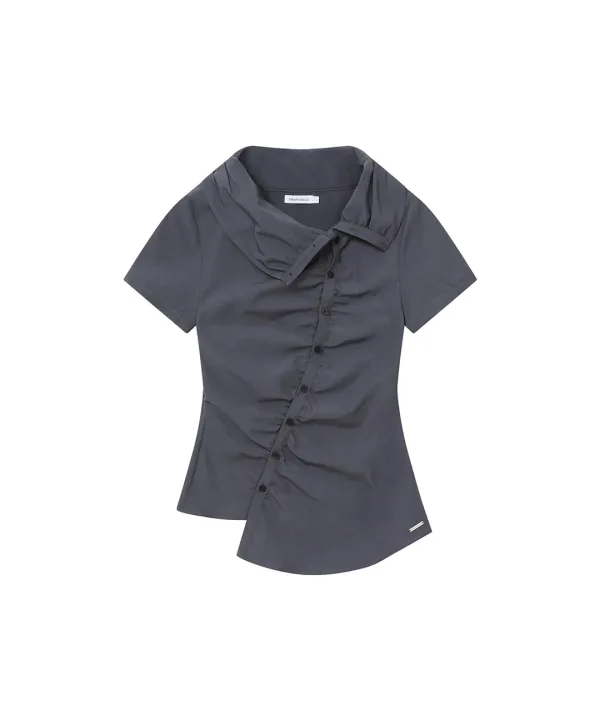[레이 PICK] High neck shirring button shirt CHARCOAL