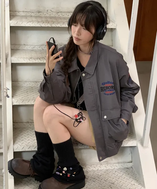 WASHED VINTAGE COTTON BLOUSON CHARCOAL