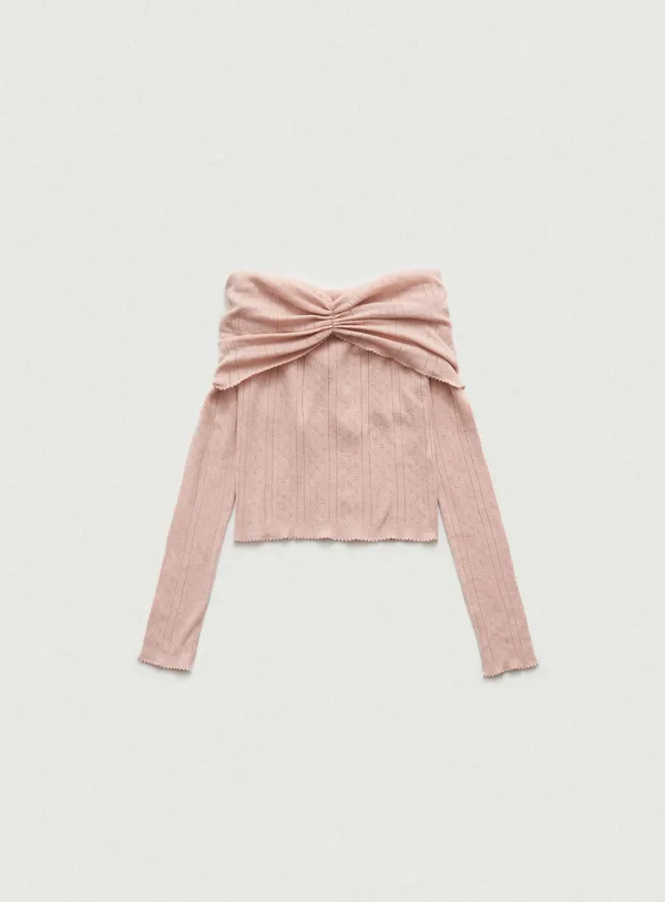 [Last Offer] Cotton Eyelet Off-Shoulder Knit Top_Pink
