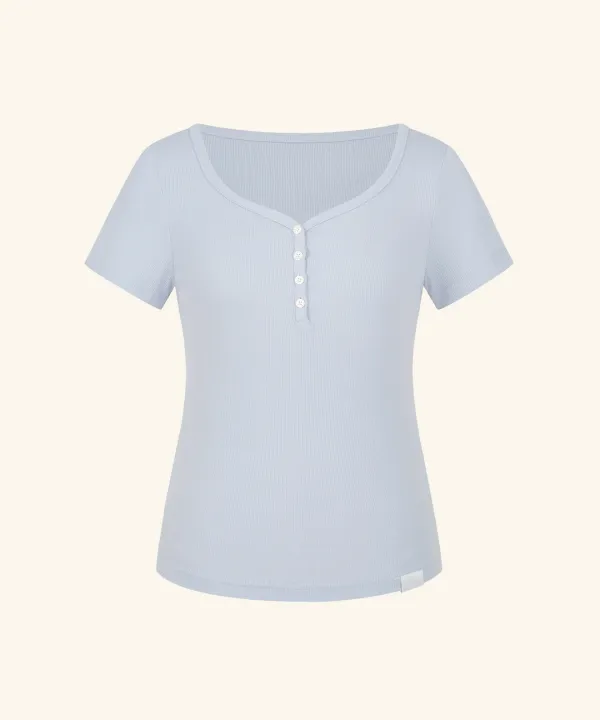 Letters Button Heart Neck Short Sleeve T-Shirt ( Blue Gray )