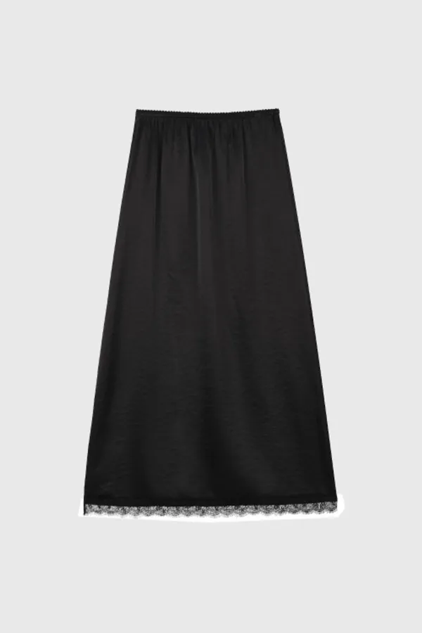 Lacy Satin Lace Midi Skirt - BLACK