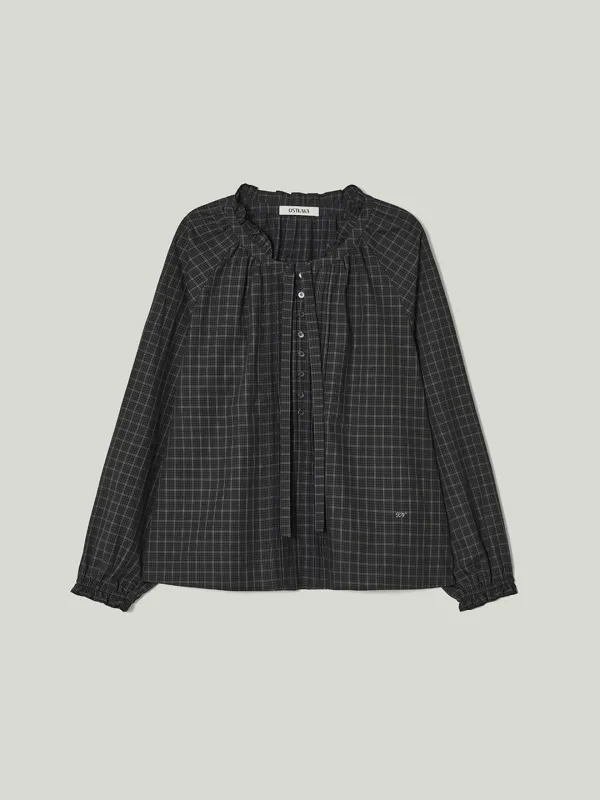 Frill Tie Check Blouse Charcoal