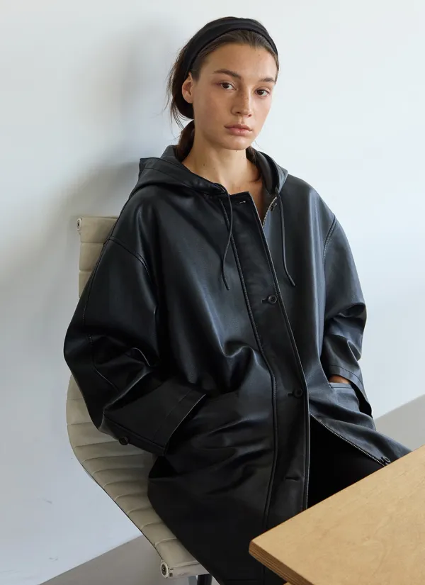 Flint Hoodie Leather Half Jacket (Black)