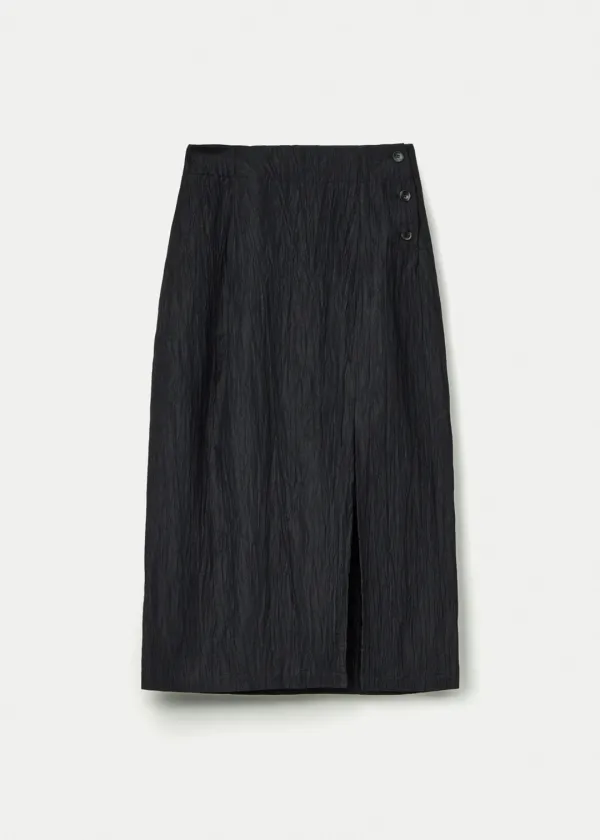 Japanese Crinkled Linen Side Slit Maxi Skirt_Raven