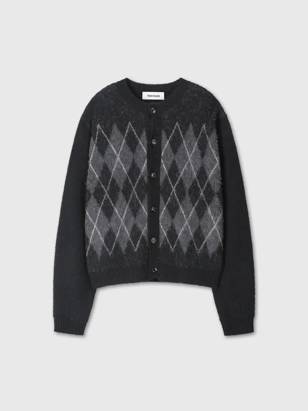 (W) BRUSHED ARGYLE CARDIGAN_ BLACK