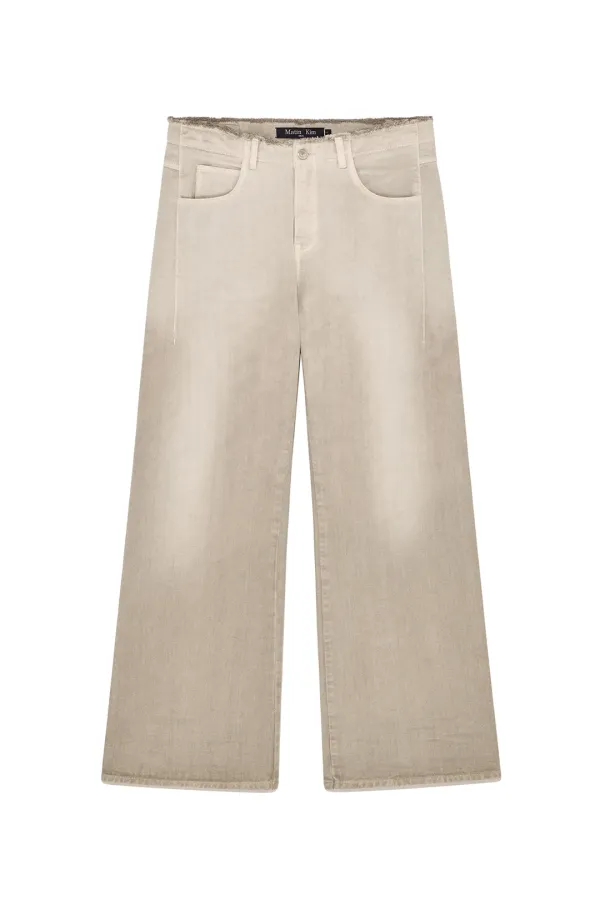 BACK PINTUCK WAISTLESS DENIM PANTS FOR MEN IN LIGHT BEIGE