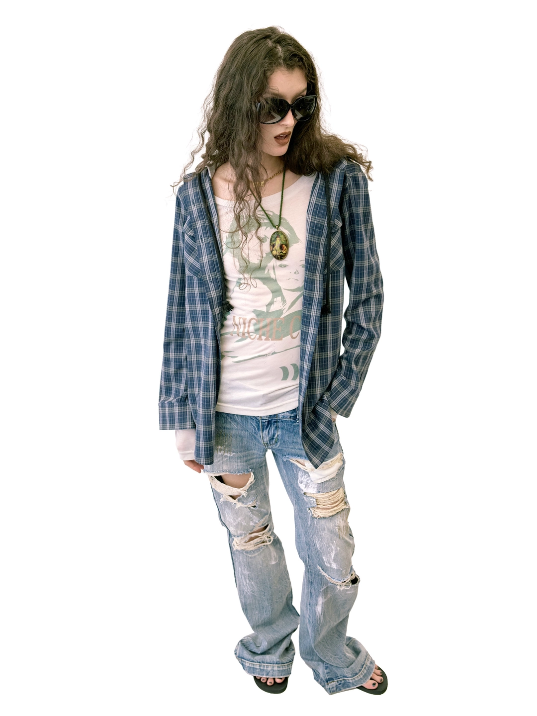 스컬프터 Boyfriend Hooded Shirts Navy Check 상품 이미지 2
