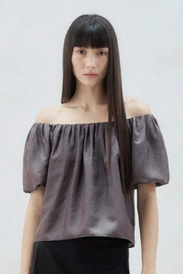 OFF SHOULDER PUFF SLEEVE BLOUSE COCOA BROWN
