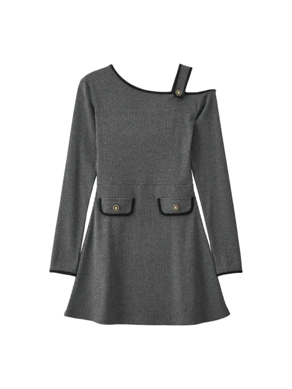 One Shoulder Long Sleeve Mini Dress_ Charcoal