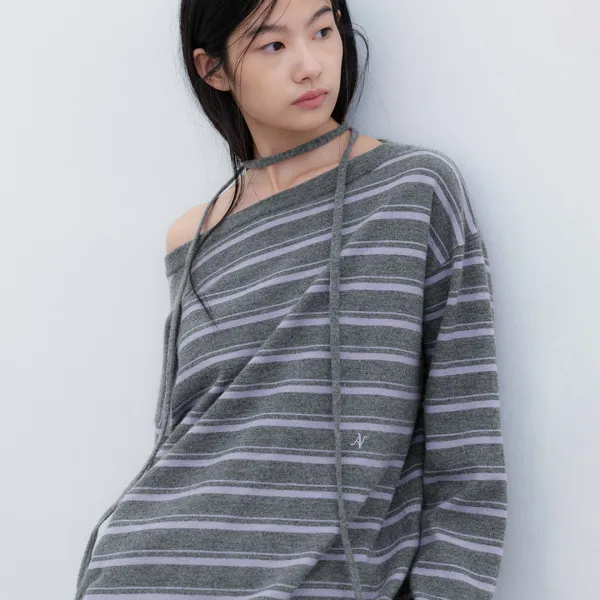 (T-7303)OFF-SHOULDER STRING LOOSE FIT STRIPED KNIT