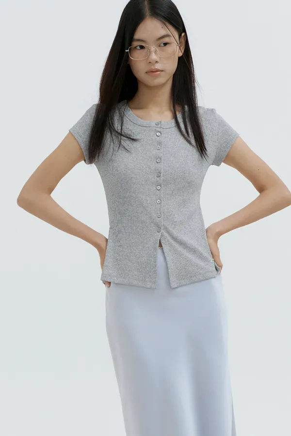 [당일 배송] Henley Button-Up Sleeve Top (melange gray)